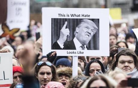 A protester held an anti-Trump sign in Boston?s Copley Square.
